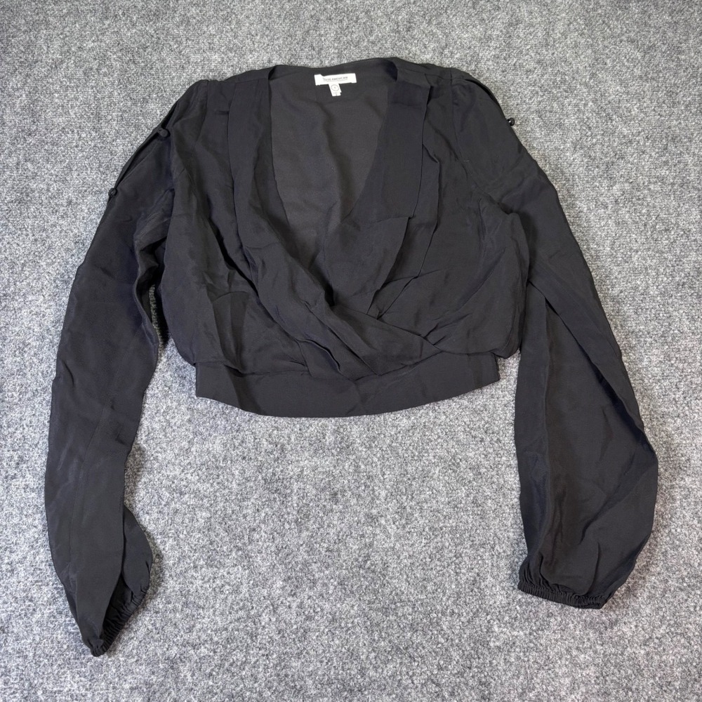 Good American Black Surplice Wrap Crop Top Long Sleeve Button Slit Blouse Size 1